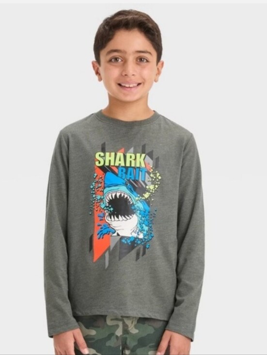 Cat & Jack Other - Boy's Grey Long Sleeve "Shark Bait" Tee - Cat & Jack - S (6/7)